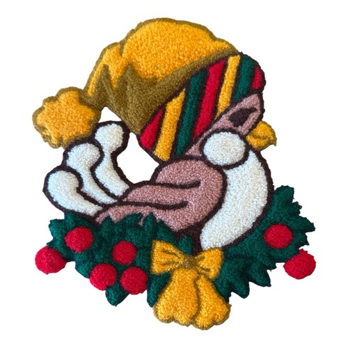 VTG Punch Needle Embroidery Christmas Bird Wreath Nest Applique Patch Large 8.5"