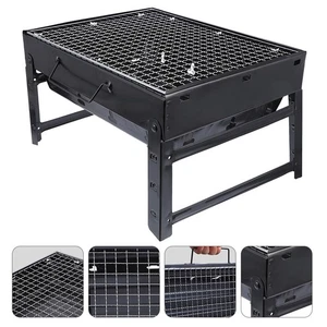 Portable Black Steel Charcoal BBQ Grill Foldable Barbecue Rack for Outdoor