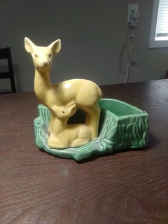 Vintage Shawnee USA yellow mother and fawn deer on green base planter marked 669