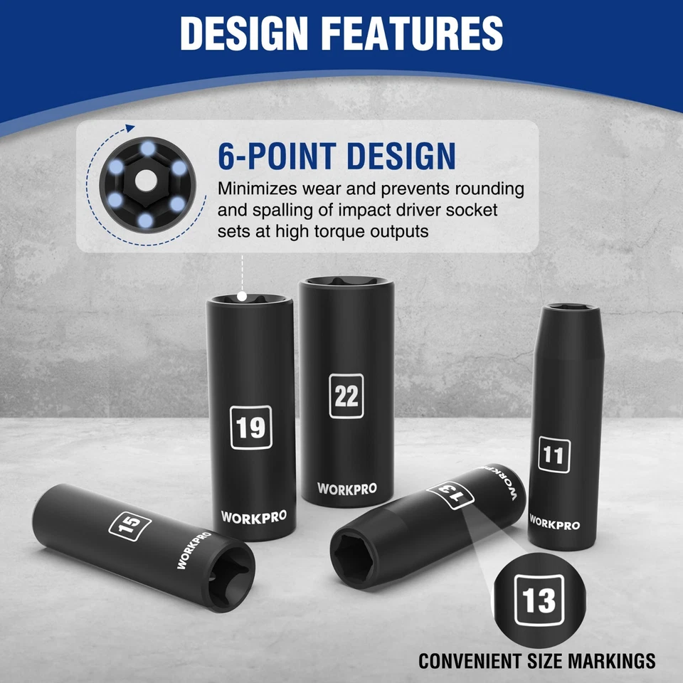 WORKPRO 20Piece 1/2''Drive Deep Impact Socket Set 6-Point Cr-V Steel 10-27mm NEW - Image 4 of 4