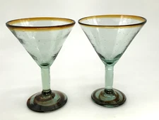 Hand Blown Mexican Martini Glasses Clear with Green and Brown Set of 2 - NICE!