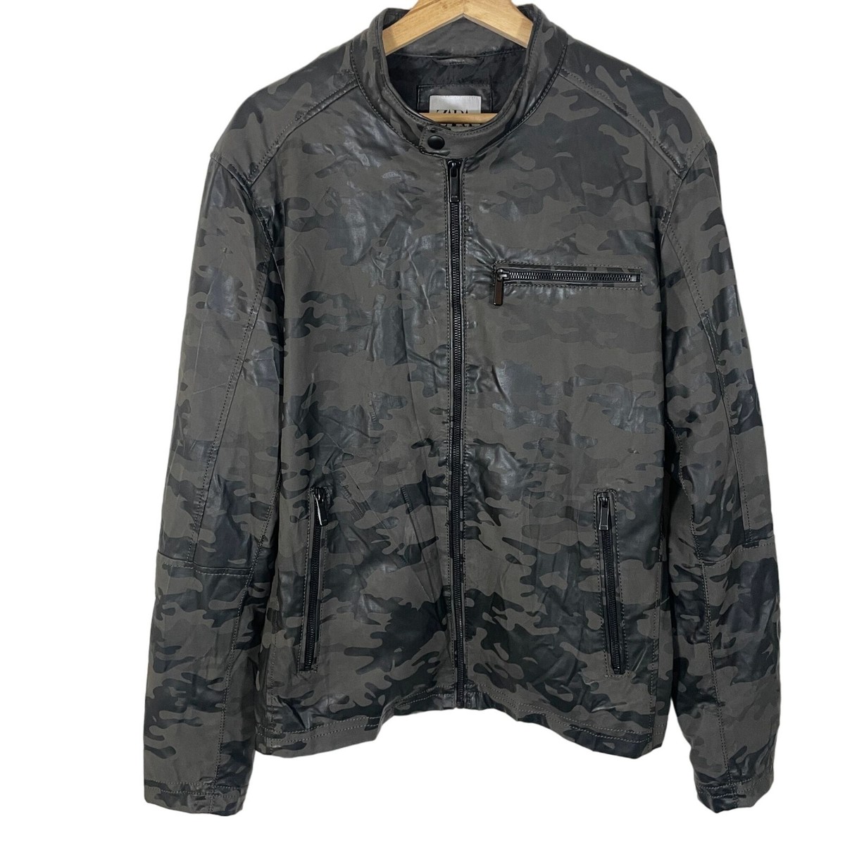 Zara Man Coated Camouflage Biker Bomber Jacket L Green Water Zara Man Coated Camouflage Biker Bomber Jacket L Green Water