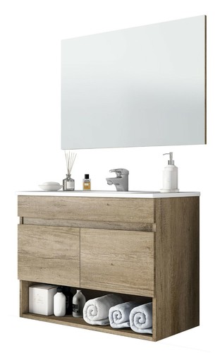 Mueble baño suspendido con espejo 2 puertas compartimento abierto SIN LAVAMANOS - Imagen 2 de 2
