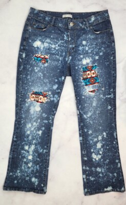 CUSTOM UPCYCLED Riders Lee No Gap Waist Bootcut Sz 18 Mid Rise Blue Aztec Jeans