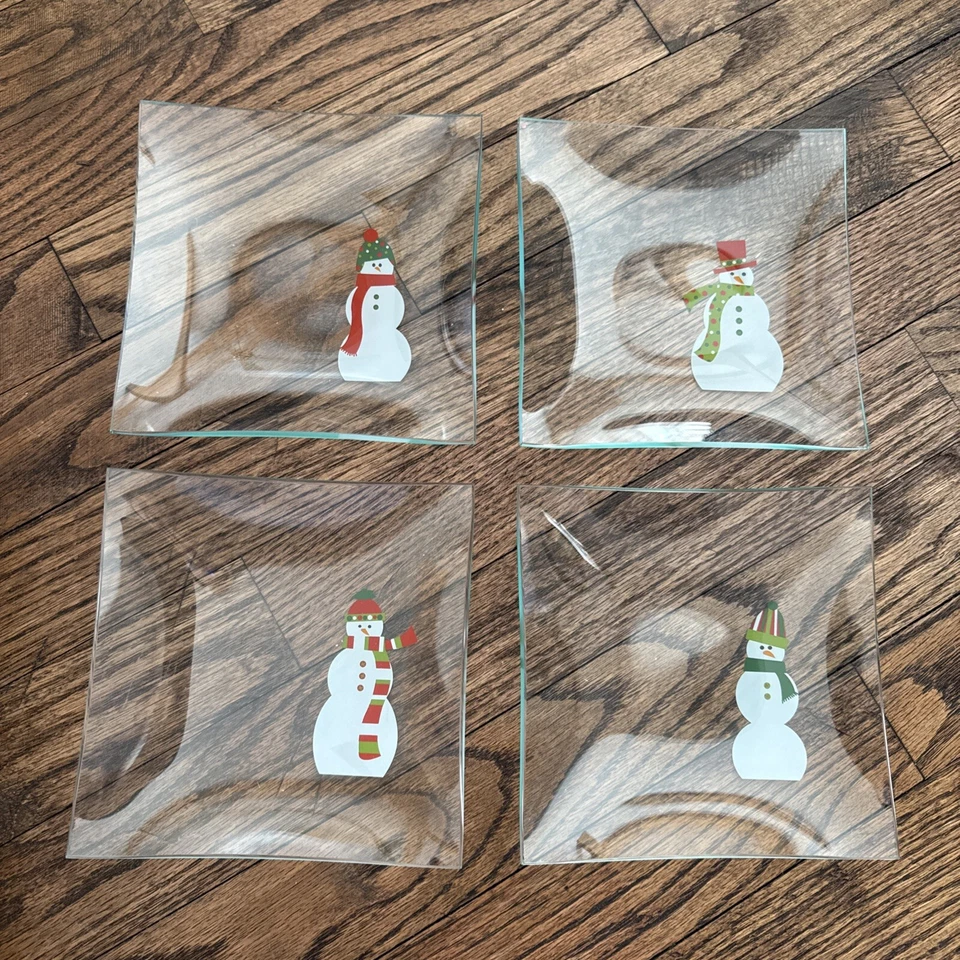 Pampered Chef Snowman Appetizer Plates 6" lot of 4 square glass EUC snowmen box - Image 2 of 4