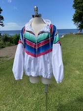 Vtg 1980s FILA Windbreaker Jacket Hoodie White Rainbow Stripes Women Size Large