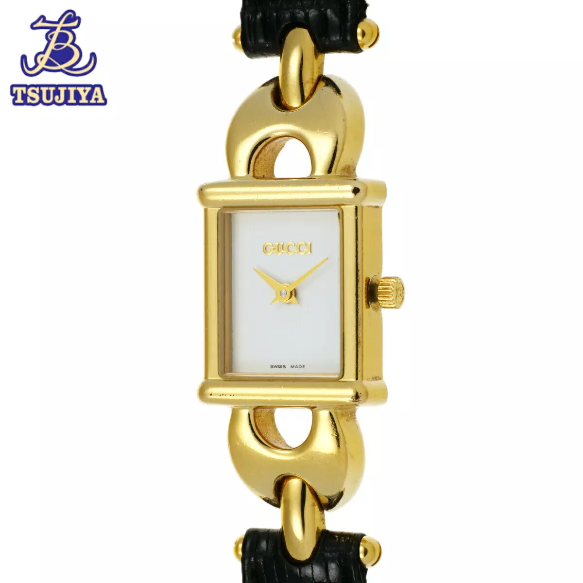 Montre femme GUCCI 1800L Change Belt Watch cadran blanc quartz plaqué or occasion
