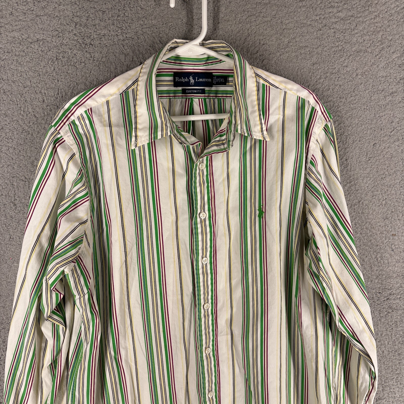 Camicia Ralph Lauren uomo XL bianca verde a righe vestibilità personalizzata piccolo pony manica lunga