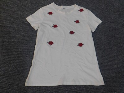 Mango top womens small white embroidered roses floral flowers crewneck