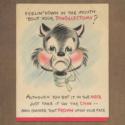 Unused Vintage 1950s Hallmark GET WELL TONSILLECTOMY Card, Cartoon Cat Face Grin