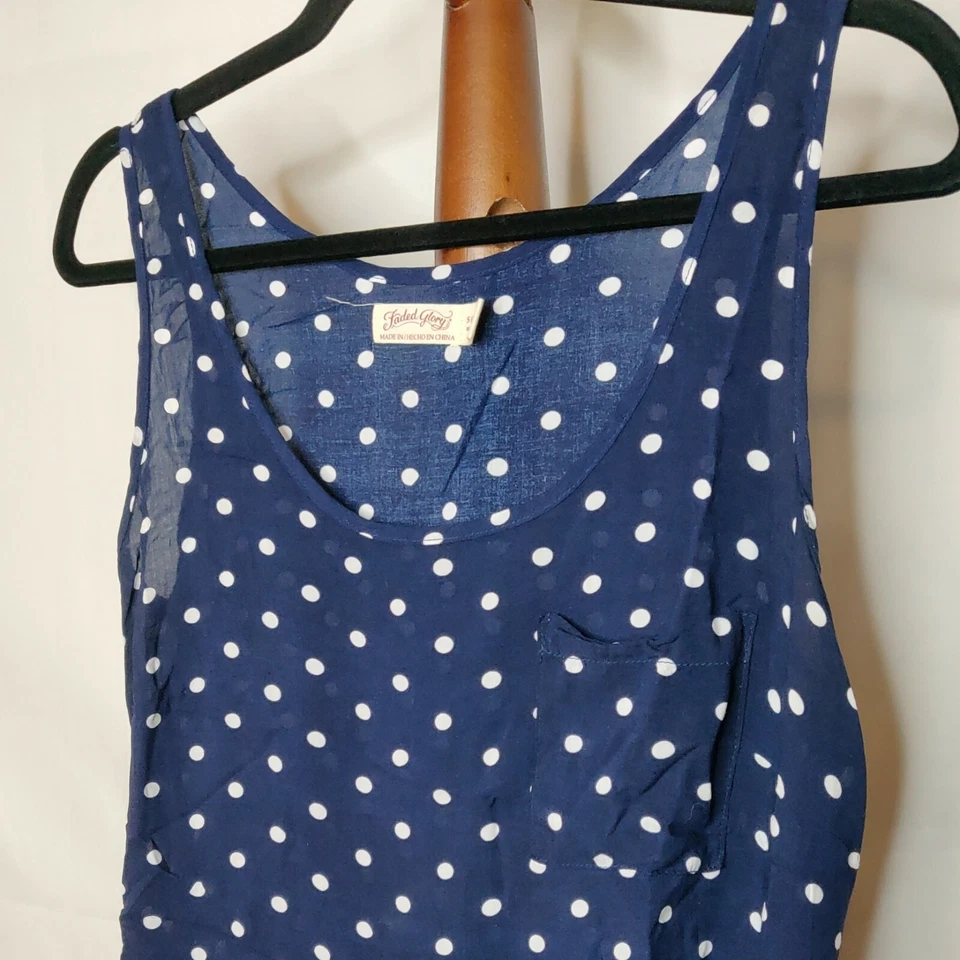 Faded Glory Mujer Talla S(4-6) Camiseta Sin Mangas Azul Blanco Lunares Cuello Redondo Bolsillo Foto 3 de 4