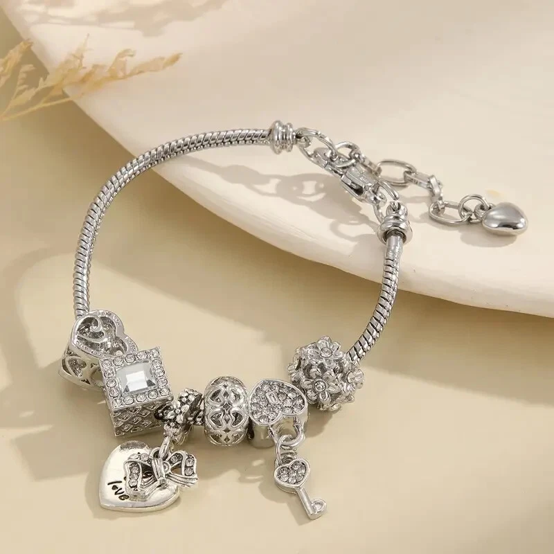 Moda Brillante Corazón Estrás Pulsera Joyería Regalo Vacaciones Mujeres Plateado Dije Foto 3 de 4