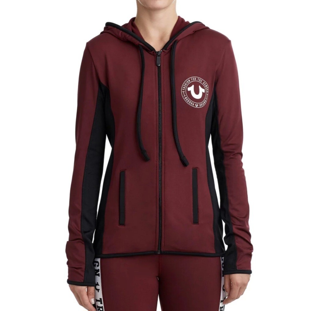True Religion Hoodie Womens Size XL Burgundy/Black Contrast Panel