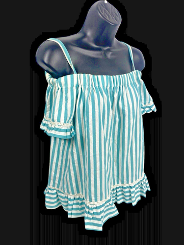 Vintage 80er Off Shoulder Top Shirt blau grün weiß Streifen Preppy Coastal 14 XL - Bild 2 von 12