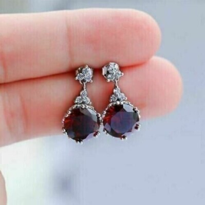 Round Cut Simulated Red Garnet Pretty Fancy Drop Earring 14k White Gold Plated