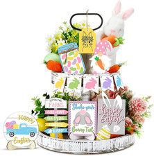 Easter Decor 12 Pcs Bunny Easter Tiered Tray Decor Spring Table Wooden Sign Deco