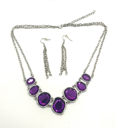 Set of Necklace with Earrings Bib with Purple Acrylic Rhinestones Glam Statement - Picture 4 of 8