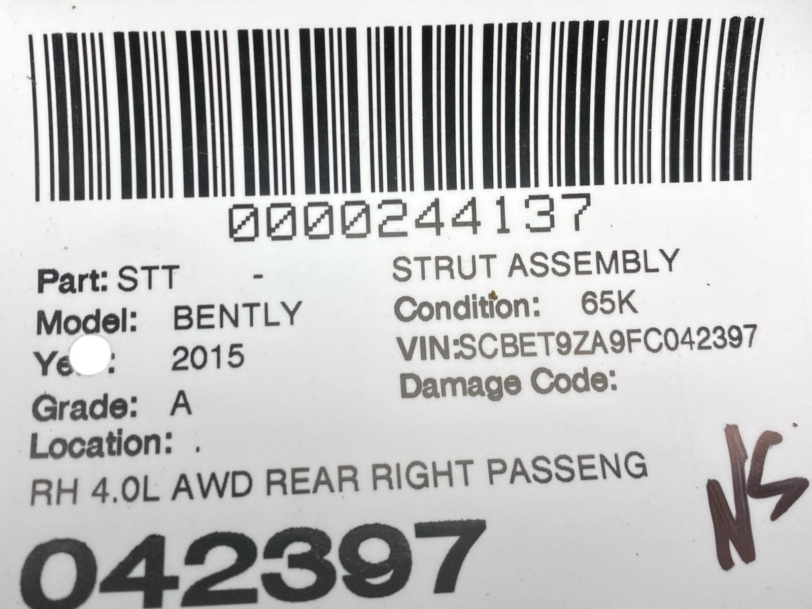 2013-2019 BENTLEY FLYING SPUR 4W 223B 4.0L AWD REAR RH AIR RIDE SUSPENSION STRUT