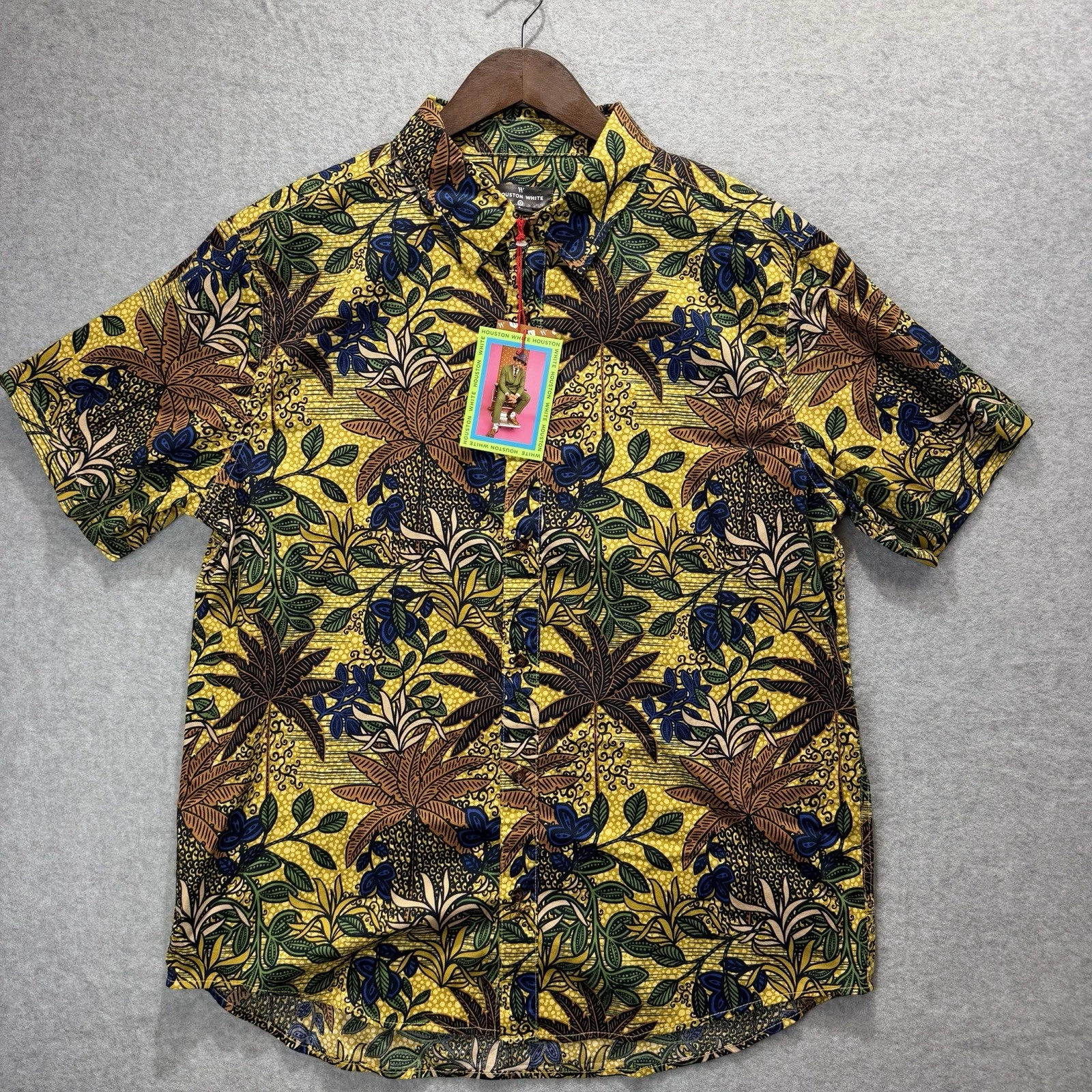 Houston White Men's Tropical Floral Yellow Button-Up Shirt L Short Sleeve