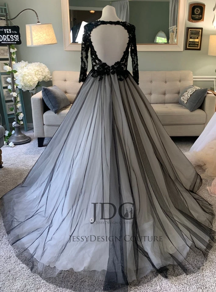 Gothik Langarm Spitze Schwarz Ivory Brautkleid Hochzeitskleid 32-60 Rückenfrei - Bild 4 von 4