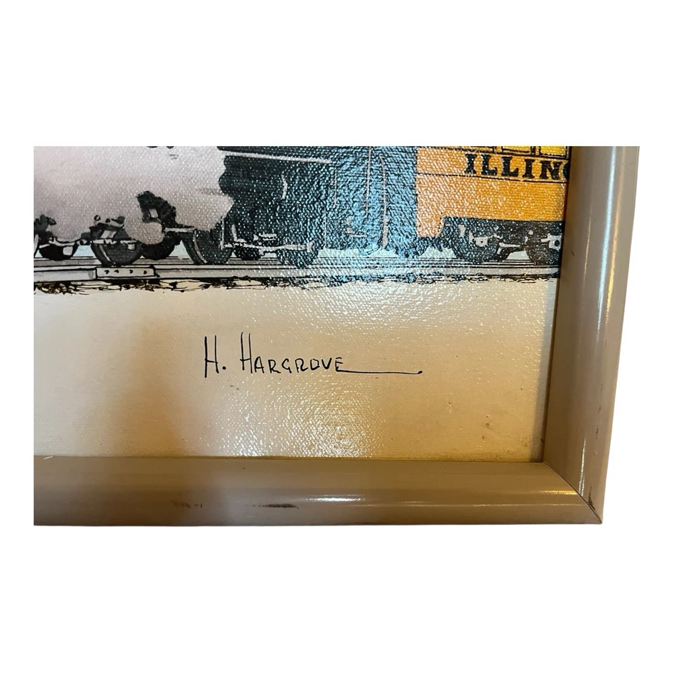 Locomotora de vapor pintura al óleo original firmada enmarcada Snow H. Hargrove Champaign Foto 3 de 4