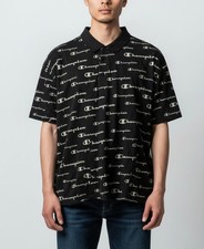 Champion Black Allover Logo Polo Shirt 1XL 100 Cotton Short Sleeve Authentic At