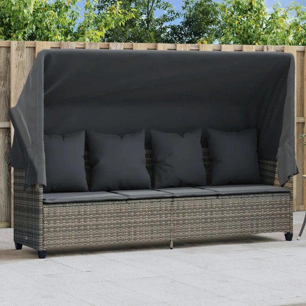 Sonnenliege Mit Sonnendach Und Kissen Poly Rattan Grau Garten Terrasse-image