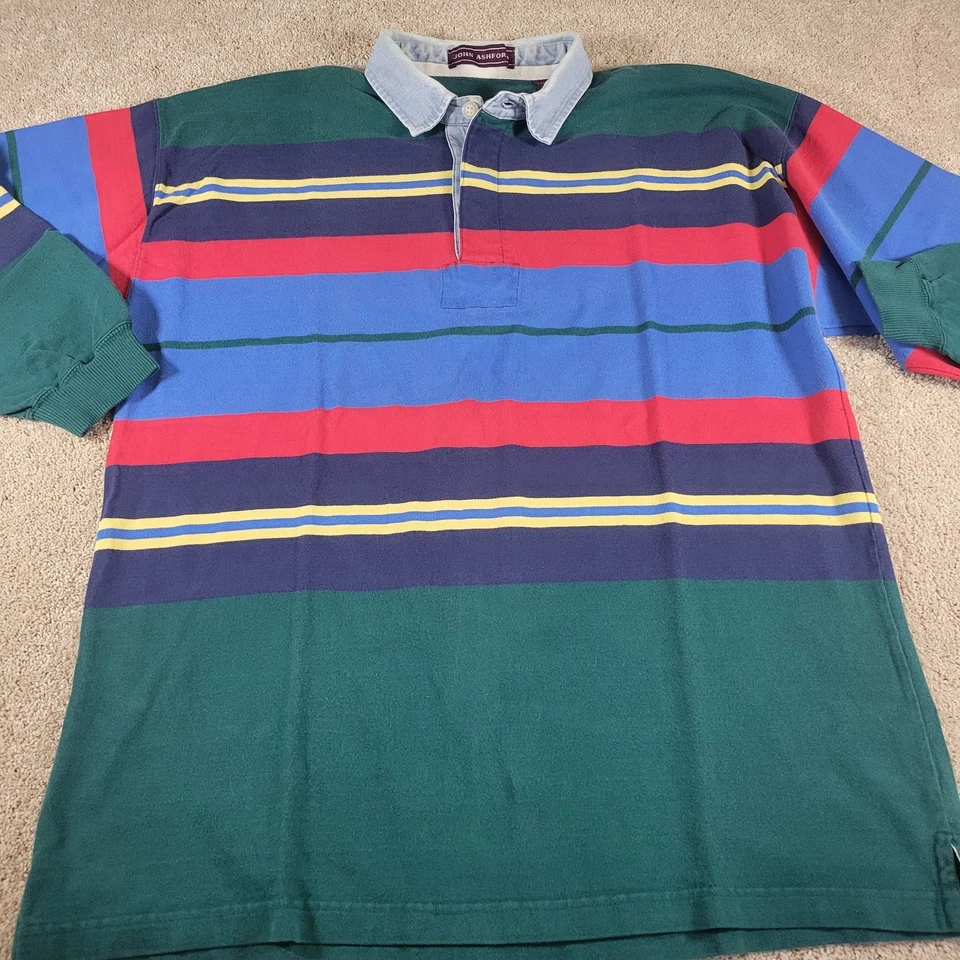 Vintage John Ashford Rugby polo Shirt mens XL Green Colorblock Denim Collar Golf - Image 4 of 4