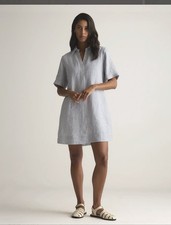 QUINCE 100% European Linen Popover Mini Dress Blue/White pinstripe Small