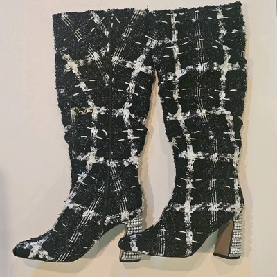 Betsy Johnson Declaan Black/White Tweed Style Knee High Boot Size 7