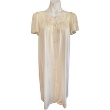 Vanity Fair Cream Short Button-Front Nightgown with Pink Floral Embroidery