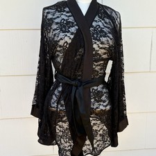 Vtg Fredericks of Hollywood Robe Sheer Lace See-thru Black Kimono Bat Wings XL