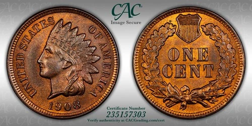 CACG MS-64 RB 1908 Indian Head Cent, Fiery, Gem Quality, Red-Brown specimen!