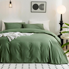 Green Duvet Cover Queen Size - 100 Washed Cotton Linen Feel Textured Comforter