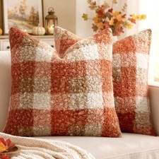 Fall Plaid Pillow Covers Boucle Orange 18x18 Set of 2 Autumn Decorations