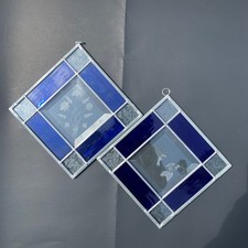 Handcrafted Stained Glass Panels 2 Hummingbird Flower Etched Design Blue 7.25"