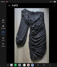 Women's One Shoulder Ruched Bodycon Medium Black Glitter Sequins Mini Dress