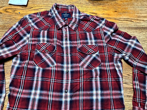 AMERICAN EAGLE SERIOUSLY SOFT RED BLACK PLAID PEARL SNAP SHIRT XL - Picture 2 of 7
