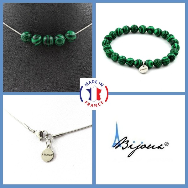Steine Und Mineralien. Schmuckset Armband Halskette 5 Perlen Malachit 8 Mm. Ch-image