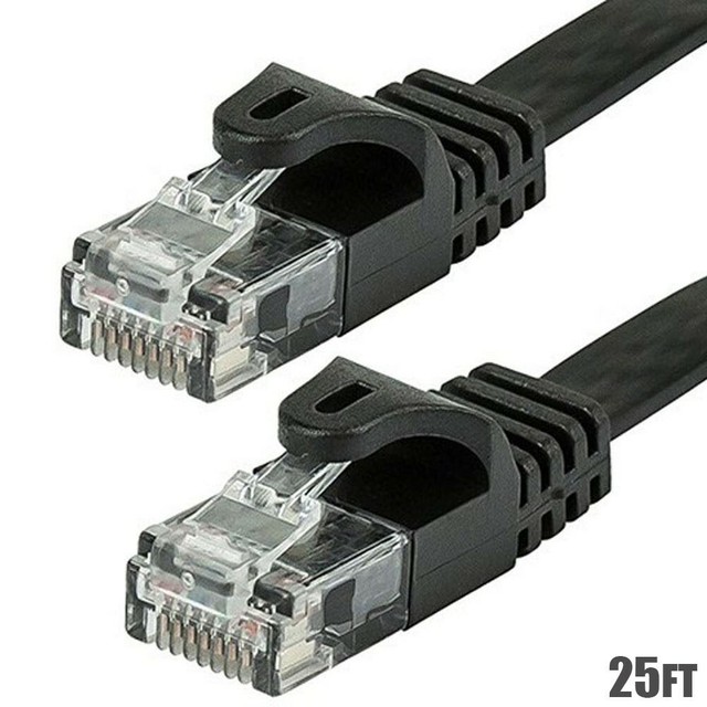25ft Flat Cat5E UTP Stranded Network Cable Black Cat5 RJ45 LAN