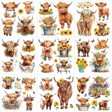 9 Sheets Highland Cow Rub on Transfers Sunflower Cow Pattern Transfer Stickers C