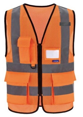 Aykrm Qualität XL Mesh High Vis Viz Orange Executive Weste mit Handy & Ausweistasche 