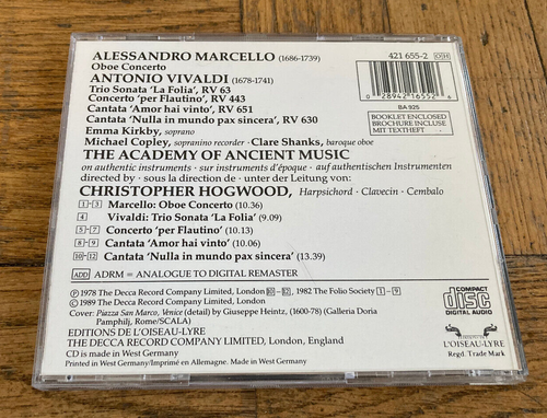 Vivaldi Concerto Per Flautino 2 Kantaten La Folia Trio Marcello Oboe CD Hogwood - Bild 3 von 3