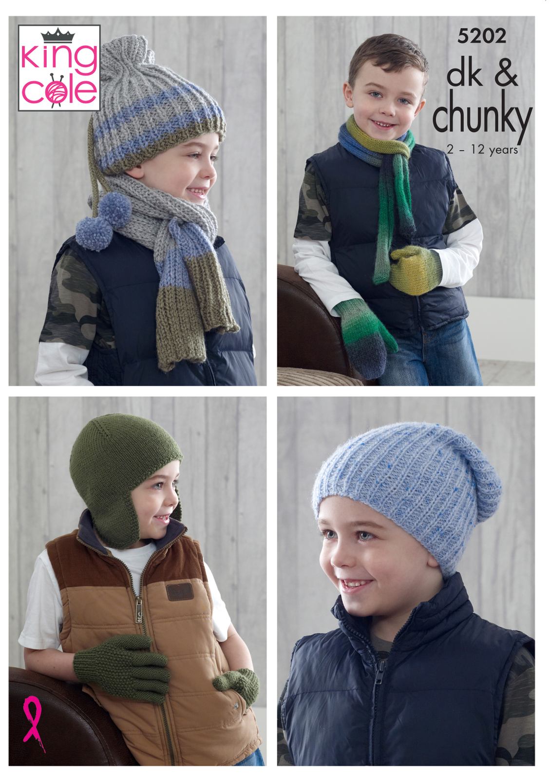 Boys DK & Chunky Knitting Pattern King Cole Hats Scarves Gloves Mittens 5202