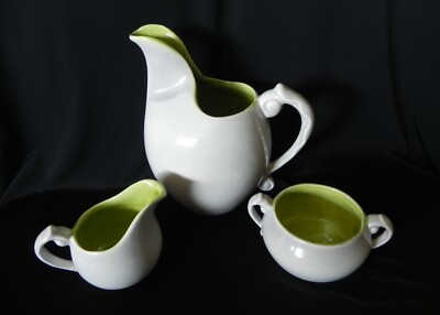 Royal Haeger CREAMER SUGAR BOWL & PITCHER Creamy White with Green Glaze R583