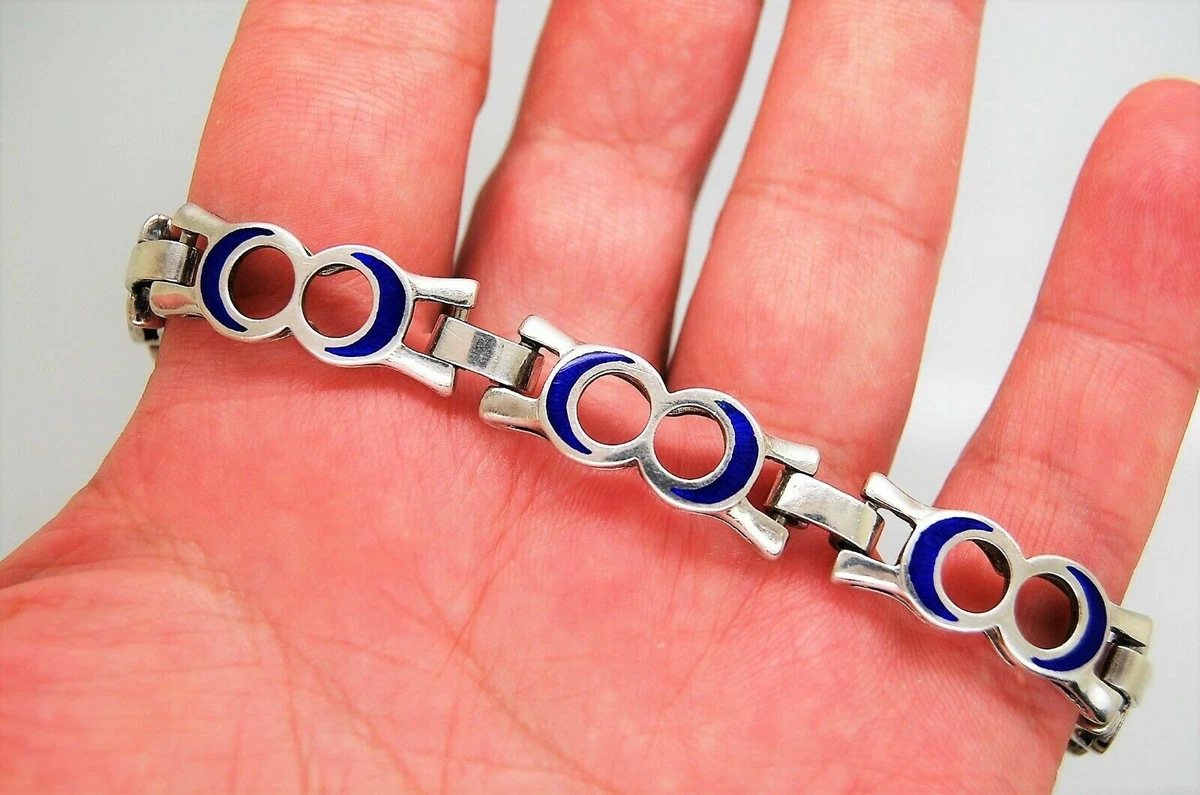 VINTAGE 925 STERLING SILVER BLUE ENAMEL GUCCI STYLE LINK