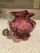 Vintage Kanawha Cranberry Hand Blown Pitcher Original Sticker 4" Tall USA