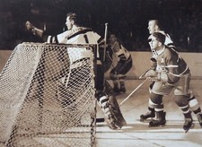CLASSIC HOCKEY PHOTO PRINT BOSTON GOALIE FRANK BRIMSEK  VS ELMER LACH MONTREAL
