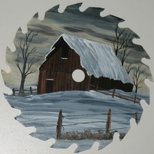 Primitive Barn Winter Scene Painting Folk Art Saw Blade Farmyard Hand Painted 6"