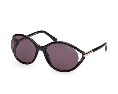 Tom Ford FT 1090 01A Shiny Black Plastic Oval Sunglasses Smoke Lens